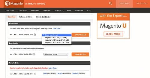 Always select the latest full release version of Magento to download.