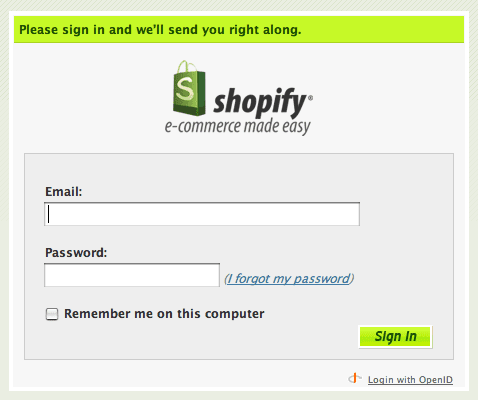 The login screen of Shopify